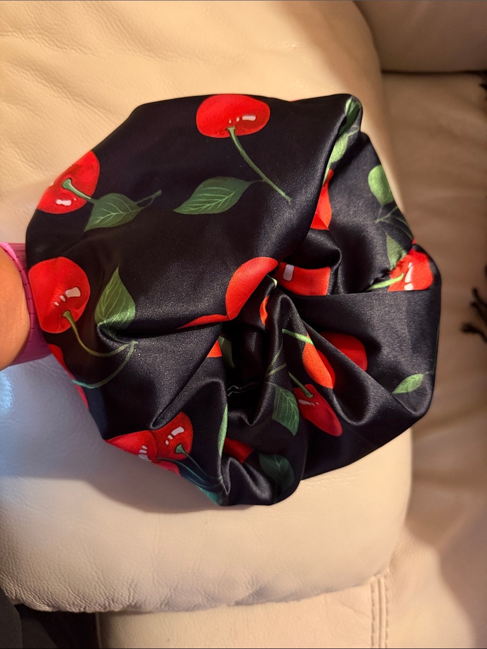 Jumbo 100% Mulberry Silk Cherry Print Black Scrunchie-Artisan